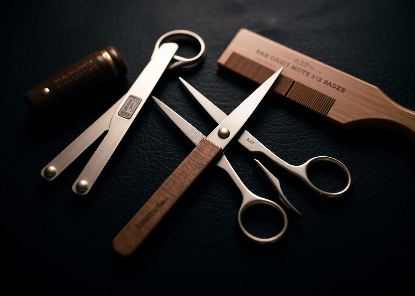 Vintage barber tools on dark leather